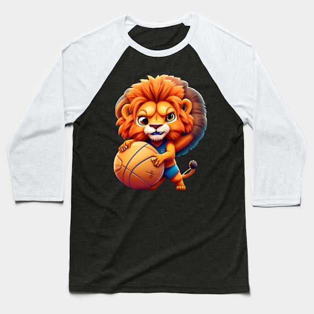 Cute Cartoon Lion Playing Basketball Baseball T-Shirt by The Print Palace